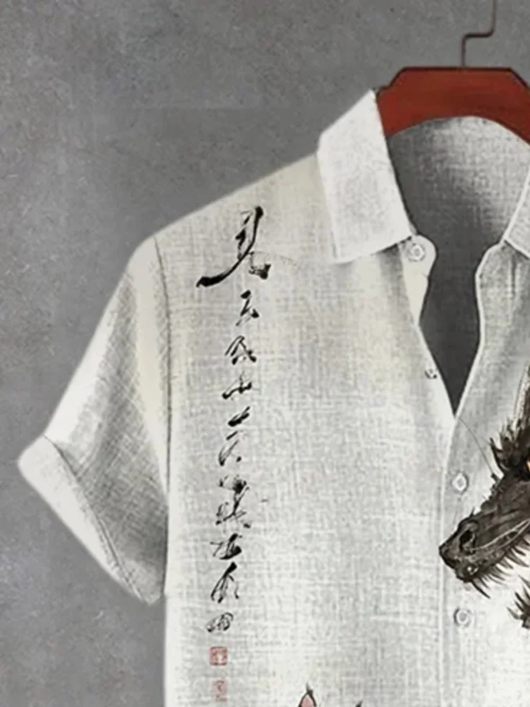 Men's Cat Warrior And Dragon Duel Ink Painting Art Print Short Sleeve Shirt Casual Loose Holiday Lapel White Harajuku Boho Tunic