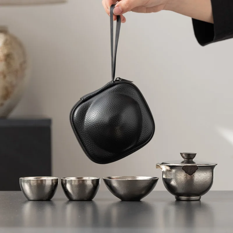 - Premium Pure Titanium Portable Gongfu Tea Set, 1 Pot 3 Cups Double-walled Insulated Teapot, Handcrafted Outdoor Tea Ware