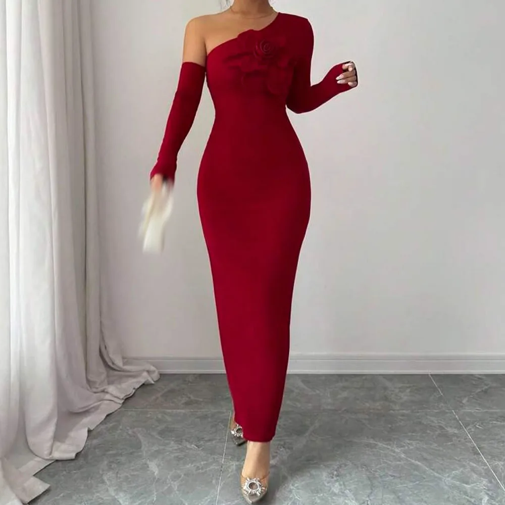 

Customized Straight Prom Dresses Ankle-Length One-Shoulder Full Sleeve Evening Gown Simple Fashion Flowers Casual Party Gown