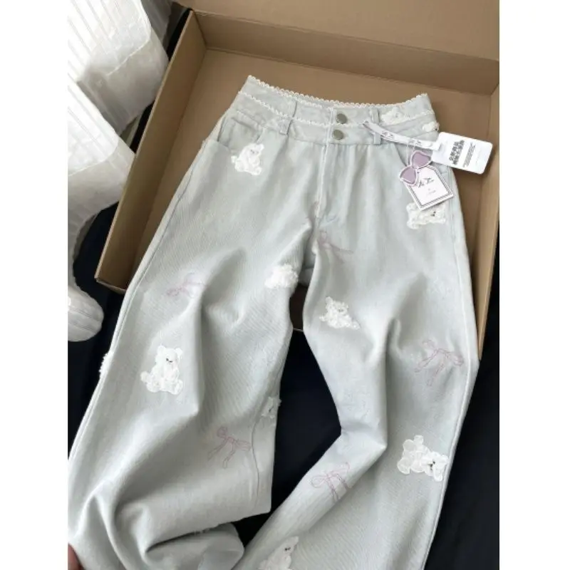Urso bordado design cintura alta perna larga jeans verão solto ajuste calças compridas femininas coreano sle commute ket detalhe