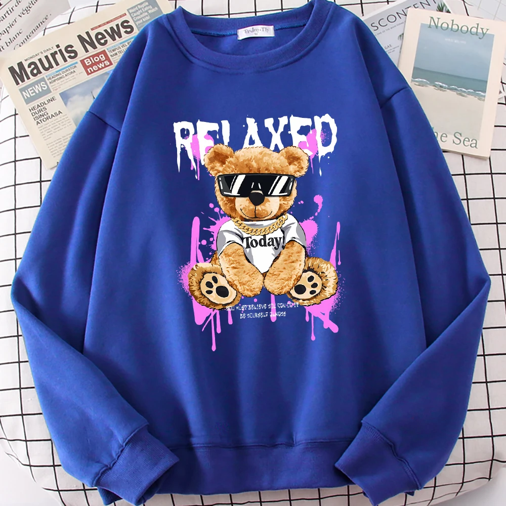 Relaxed Sunglasses Cartoon Bear Pattern Pullover Women Comfortable Sweatshirt Street Loose Clothing Fleece Crewneck Tracksuit