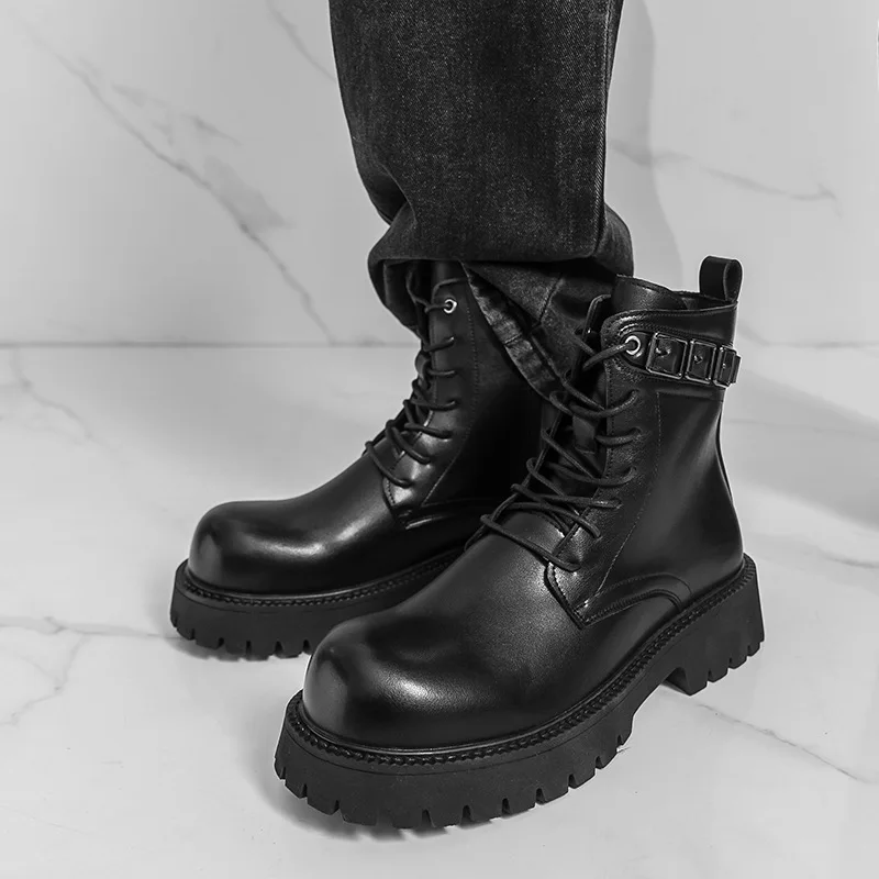 Men's leather boots with belt buckles, round-toed ankle boots, large-sized thick-soled height-increasing men's boots