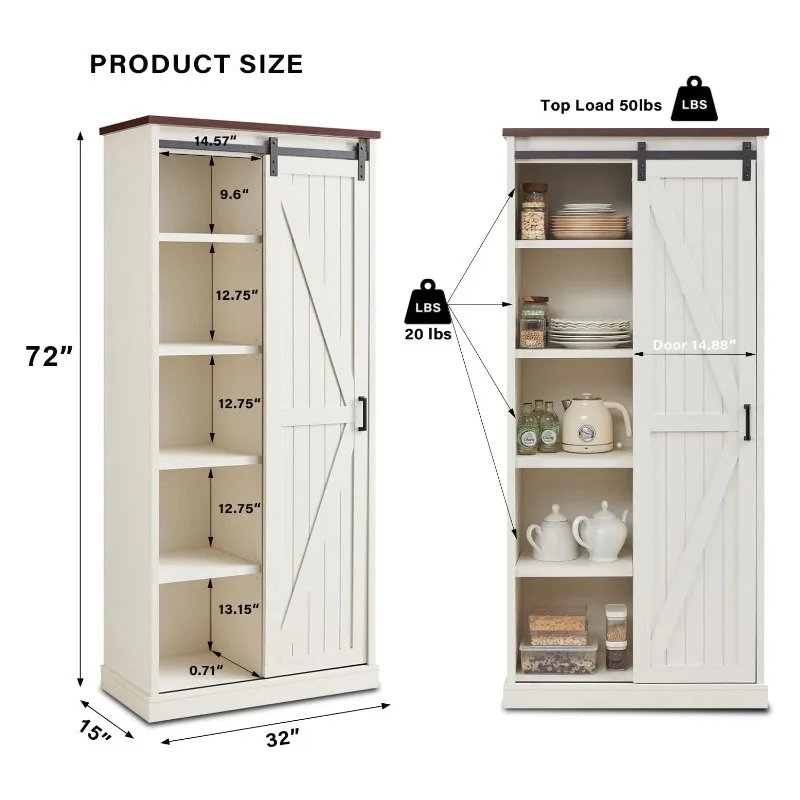 72" Tall Farmhouse Storage Cabinet, Large Kitchen Pantry with Sliding Barn Doors & Adjustable Shelves, Versatile Cupboard