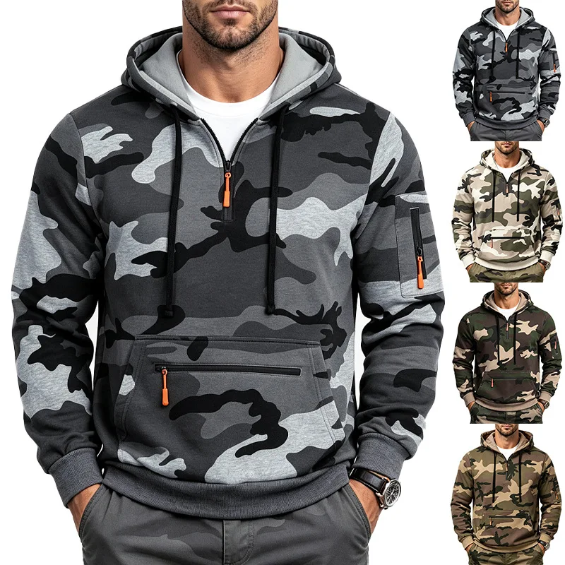 Men's Blockbuster Autumn Winter Sports Outdoor Fleece Jungle Camouflage Tactical Tooling Pocket Hooded Sweater