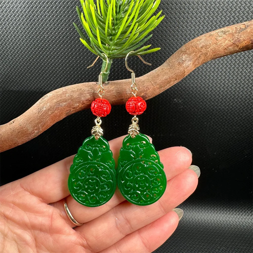 Retro Charm Green Jade Bat Hollow Flower Style Drop Earring 14K Gold Chinese Ancient Green Jade Hook Earrings for Women Gift