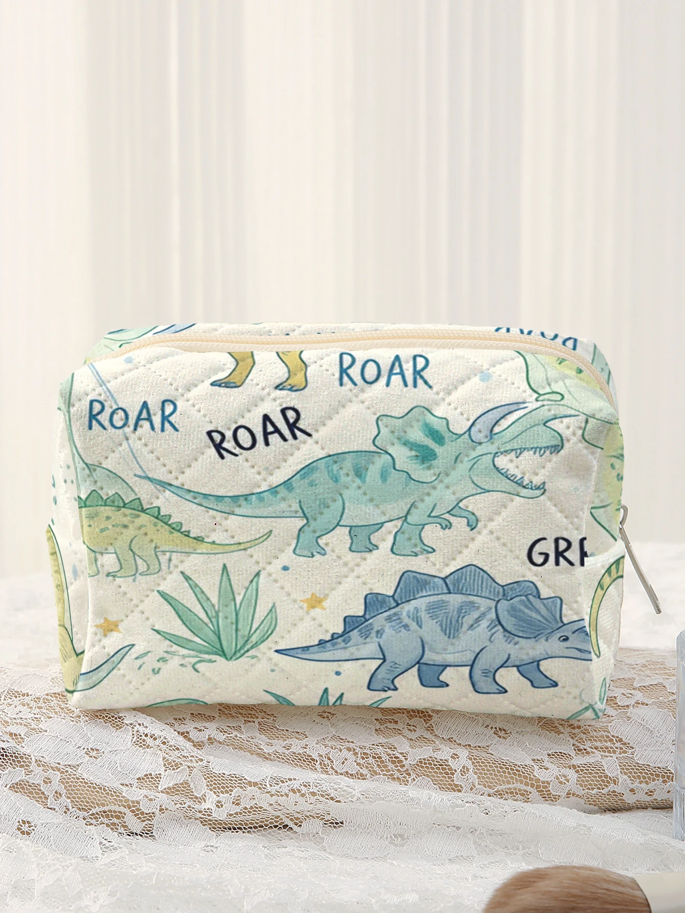 Cartoon Dinosaur Print Quilted Cosmetic Bag Portable Zipper Makeup Pouch Travel Wash Storage Bag For Kids Outdoor Daily Use