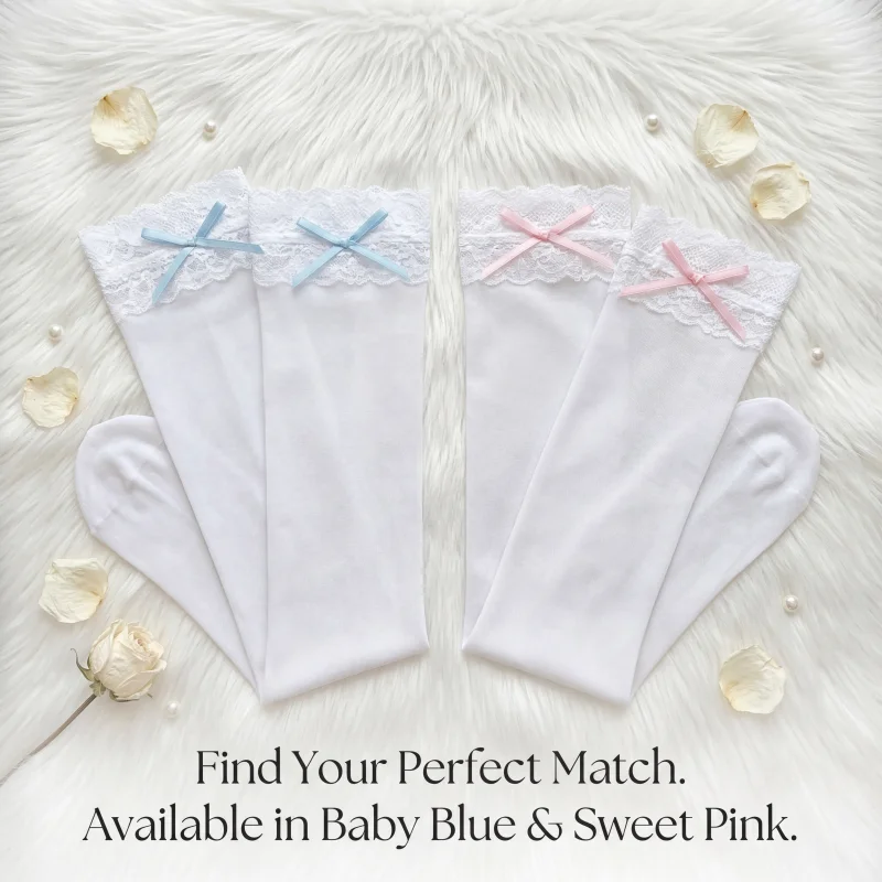 Elegante, durchsichtige, weiße, oberschenkelhohe Spitzensocken für Damen mit Schleife – süße Lolita-Cosplay-Strümpfe für den täglichen Gebrauch, sexy Geschenkstrümpfe – Detail 5