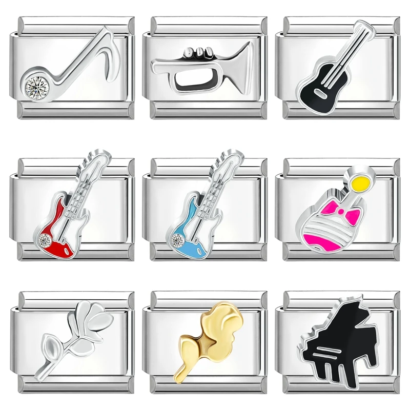 Cute Guitar Piano Note Trumpet Flowers Italian Charm Links Stainless Steel Fit 9MM Bracelet Jewelry Women Men DIY Making Gifts
