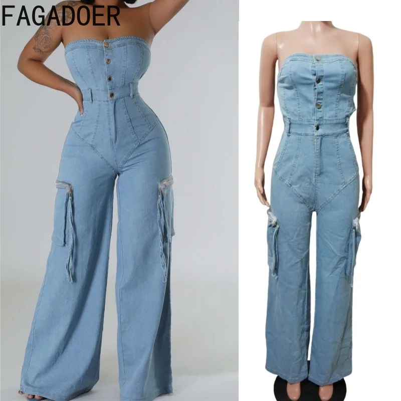

FAGADOER Retro Fashion Bodycon Jumpsuits Woman Summer New Solid Color Cargo Pocket Patchwork Rompers Female Streetwear Overalls