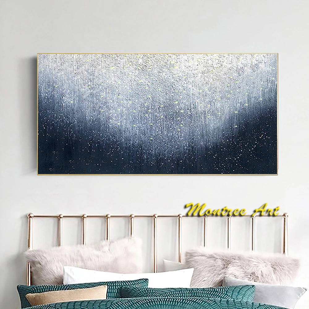 Hand Painted Oil Paintings Starry sky Original Painting Abstract Boho 3D wall art Blue landscapeliving room acrylic painting