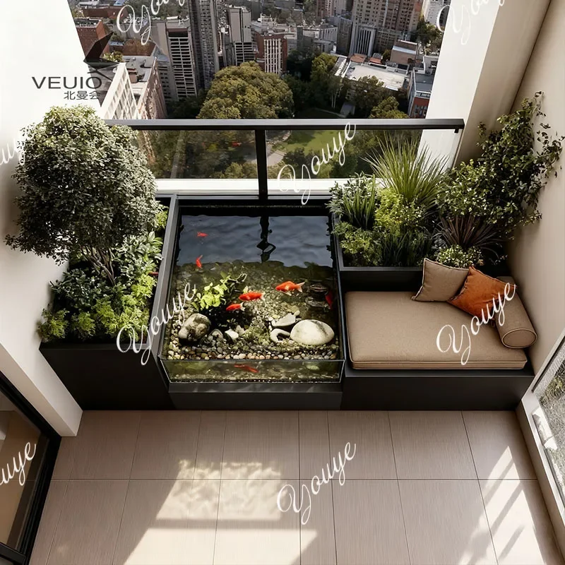 A19 Stainless steel metal glass balcony ecological fish tank swamp circulating water filter fish pond flower box combination