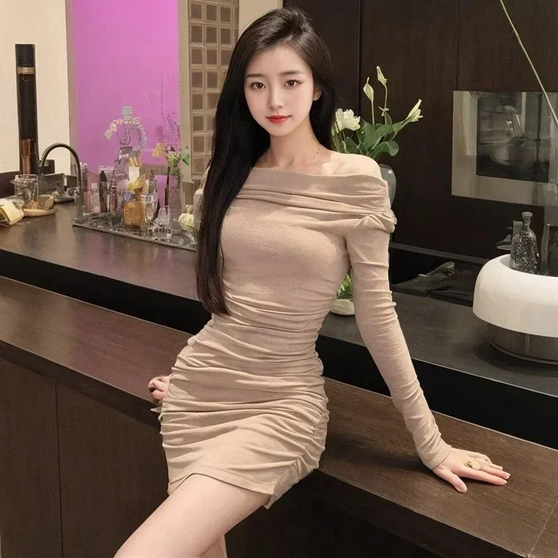 

2024 Spring Autumn Long Sleeve Sexy Slash Neck Wrapped buttocks Mini Dress for Women Korean Slim Fit Temperament Elegant Dress