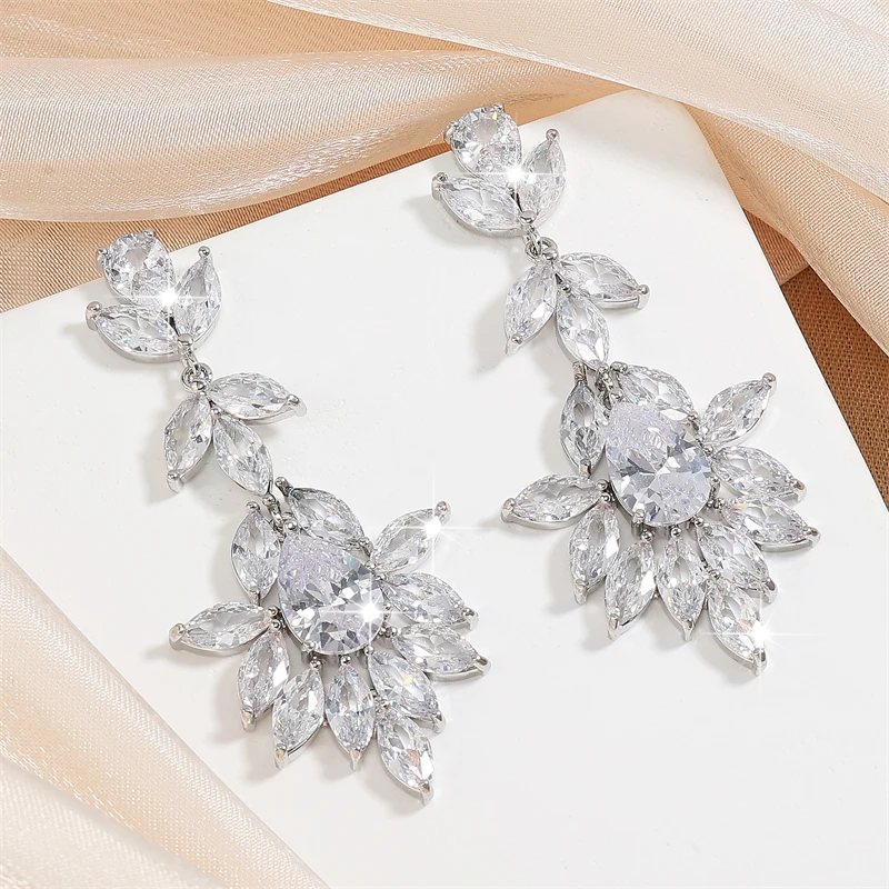 ZAKOL Leaf Marquise Zircon Bridal Earrings for Women Luxury Shiny Crystal Zirconia Long Drop Earring Elegant Wedding Jewelry