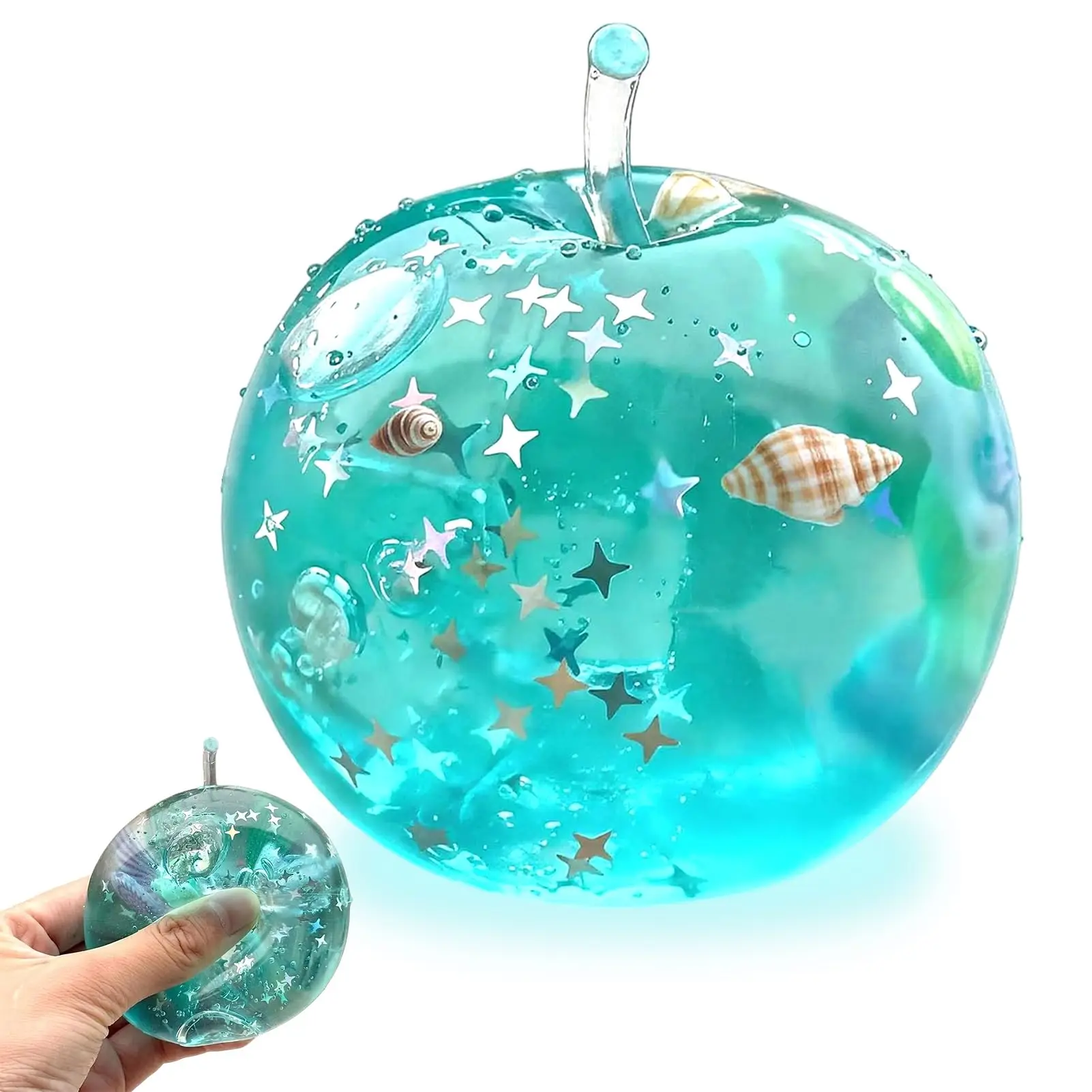 Ocean Apple Squishy Toy Transparent Stress Relief Squeeze Fidget Toy with Shell Star Glitter Kawaii Sensory Slow Rising Gift
