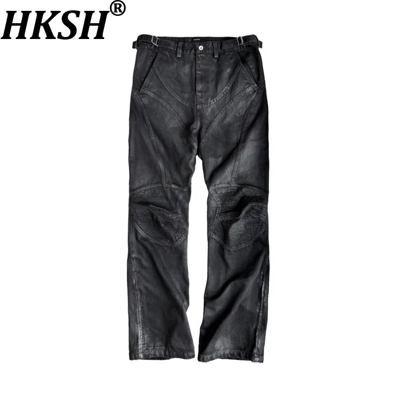 

HKSH Spring Autumn New Men Tide Wax Coated Spliced Washed Pleated Deconstructed Jeans Trendy Dark Chic Punk Denim Pants HK18462