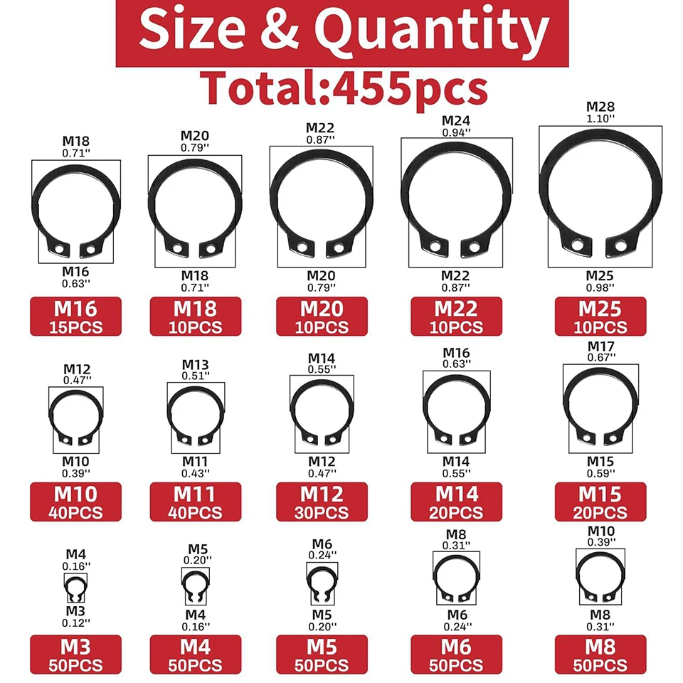 455pcs External Snap Ring Assortment Kit Manganese Steel C-Clip Retaining Rings M3-M25 Shaft Circlip Set with Pliers Tool