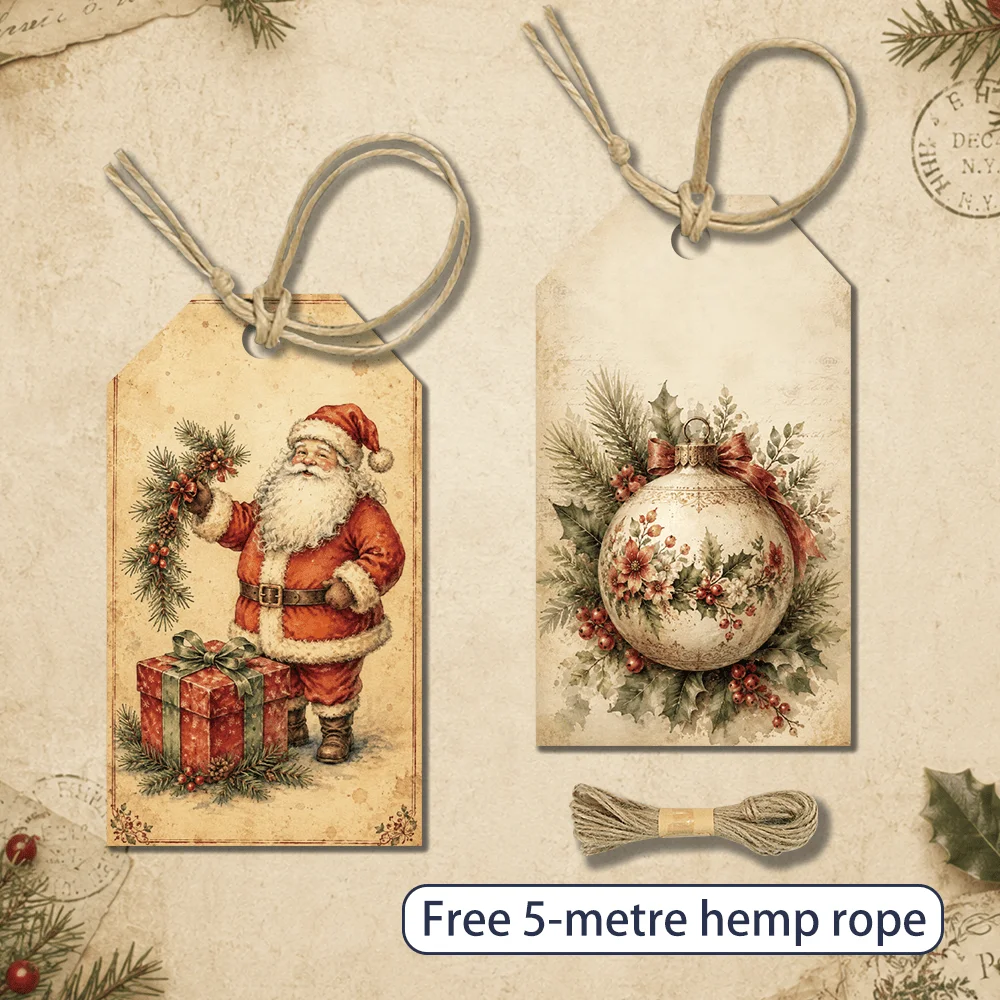 40pcs, Vintage Watercolor Christmas Decorative Tags,Holiday Gift Labels,Party Decorations, Handmade Packaging Accents, Jute Rope
