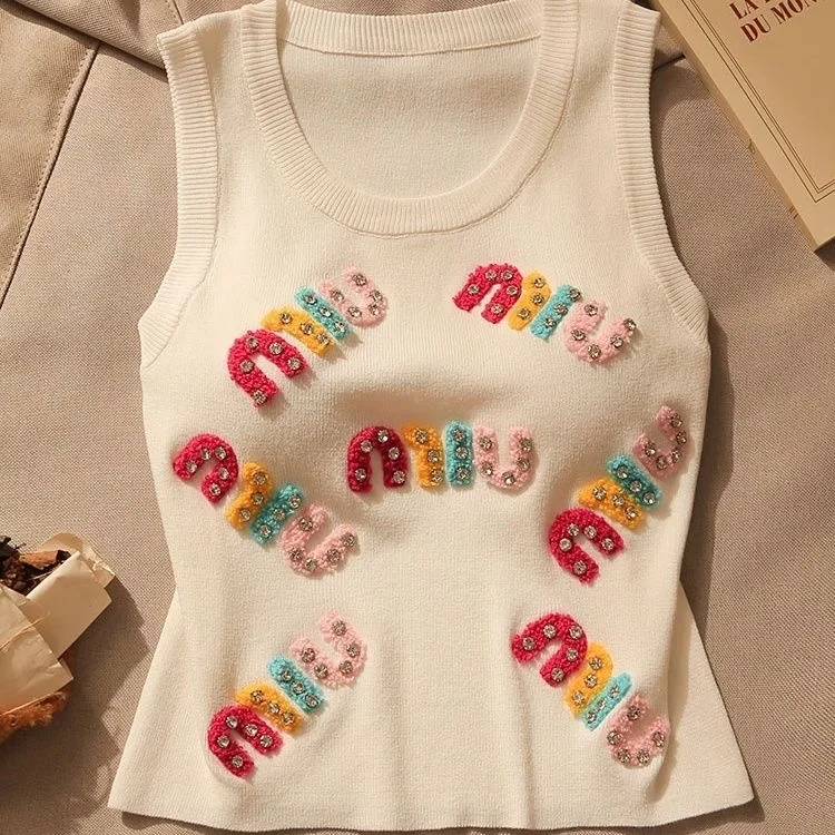 

Spring And Summer New Diamond Embroidery Letter Casual Round Neck Loose Women's Sleeveless KnittedVest Fashion Short T-Shirt