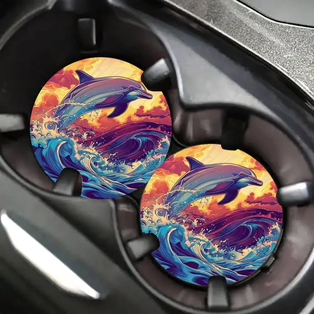 Dolphin Oil Painting Silhouette EVA Car Coasters 2pcs 2.75x2.75in 5mm Thick Animal Theme Wedding Souvenir Gift