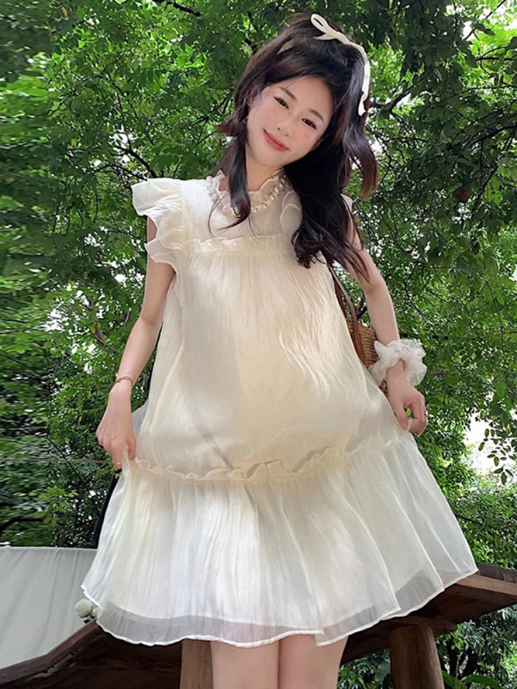 Ruffled Stand Collar Pearl Necklace Petal Sleeve Maternity Dress Sweet Ruffles Patchwork Pregnant Woman Pleated Dress + Lining