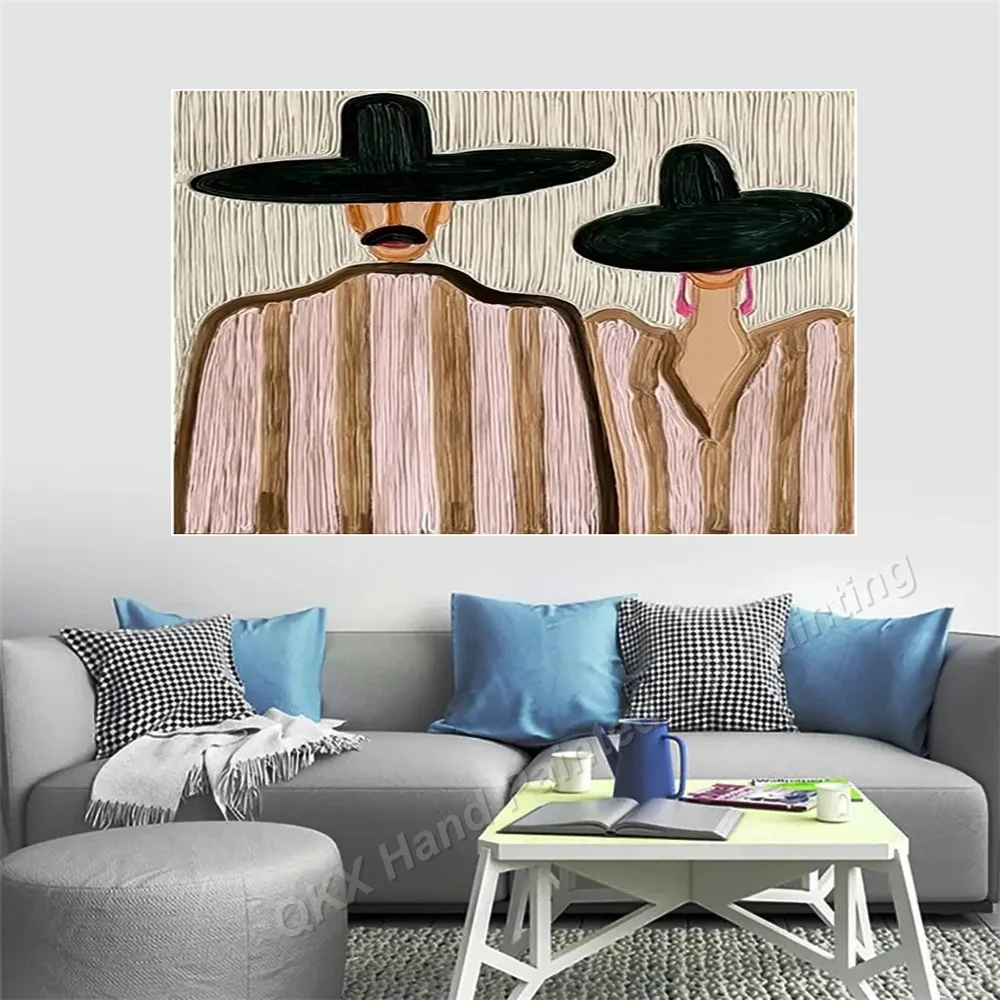 100% Hand-Painted Oil Painting on Canvas Wall Art Decor for Living Room, Mid Century Couple with Wide Brim Hats Portrait Art