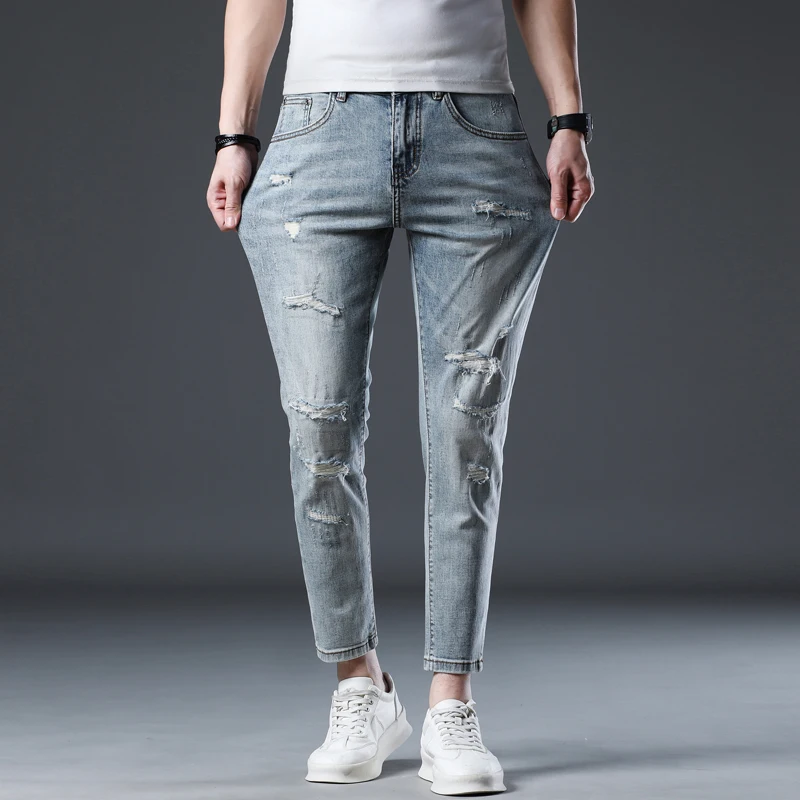 2024 Mens Jeans Pants Stretch Hip Hop Ripped Jeans Men Pants Slim Skinny Fit Distressed Frayed Destroyed Patchwork Ankle Length