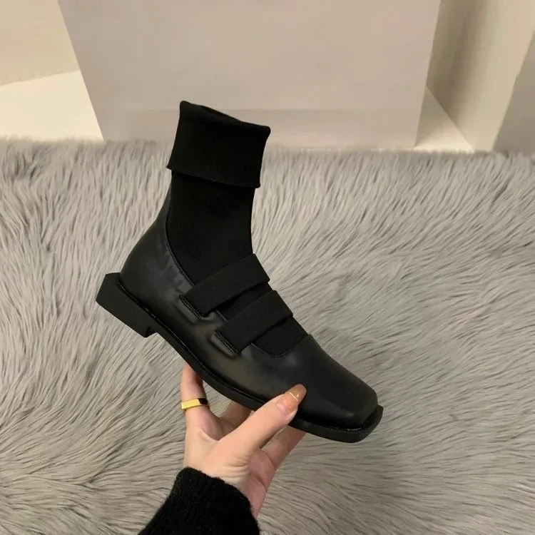 British style square knitted socks boots 2023 new women's boots high quality slimming loafers women's ankle boots single shoes view 5