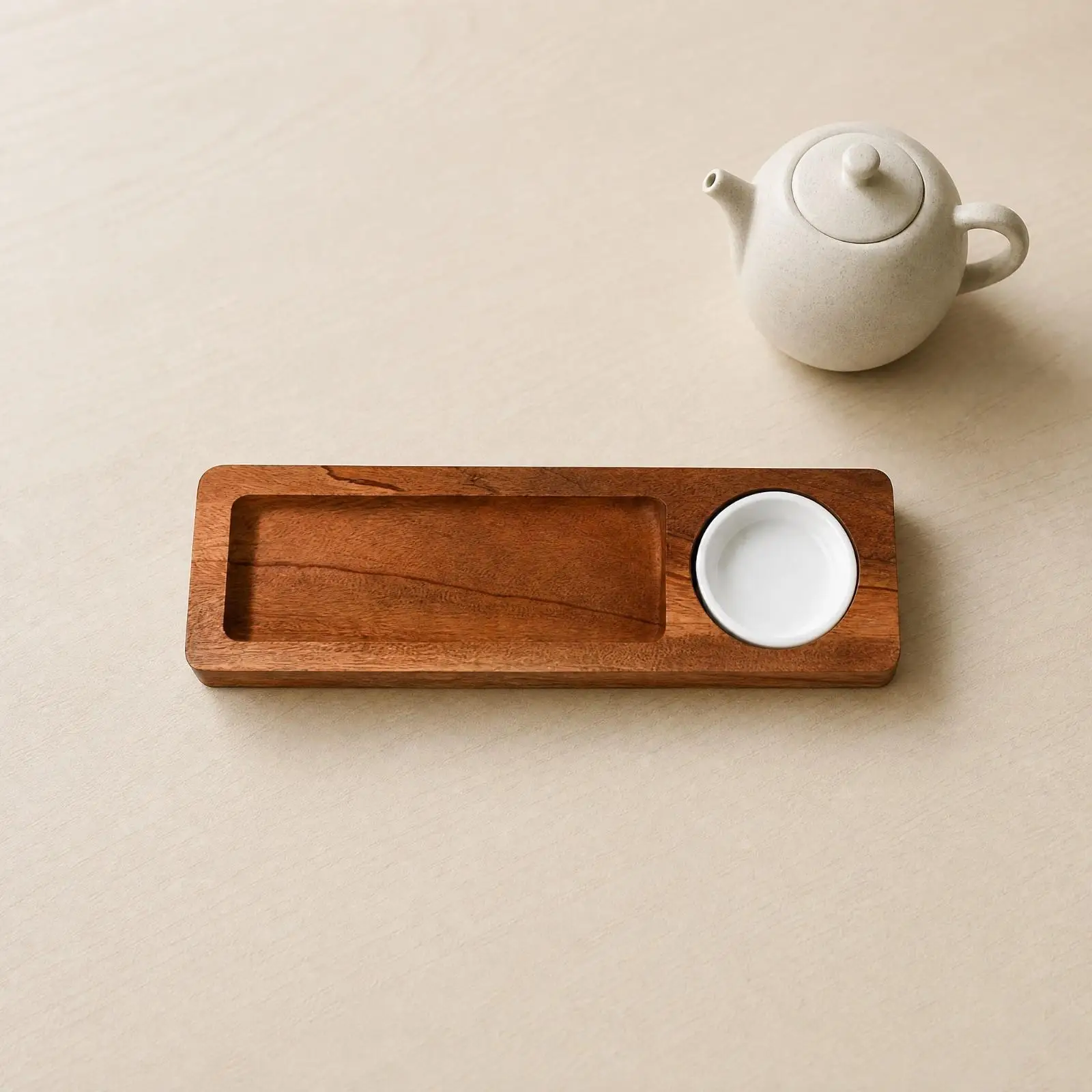 Wooden Compartment Tray with Ceramic Rounds for Serving Sweets Pastries and Tea Accompaniments Gracefully
