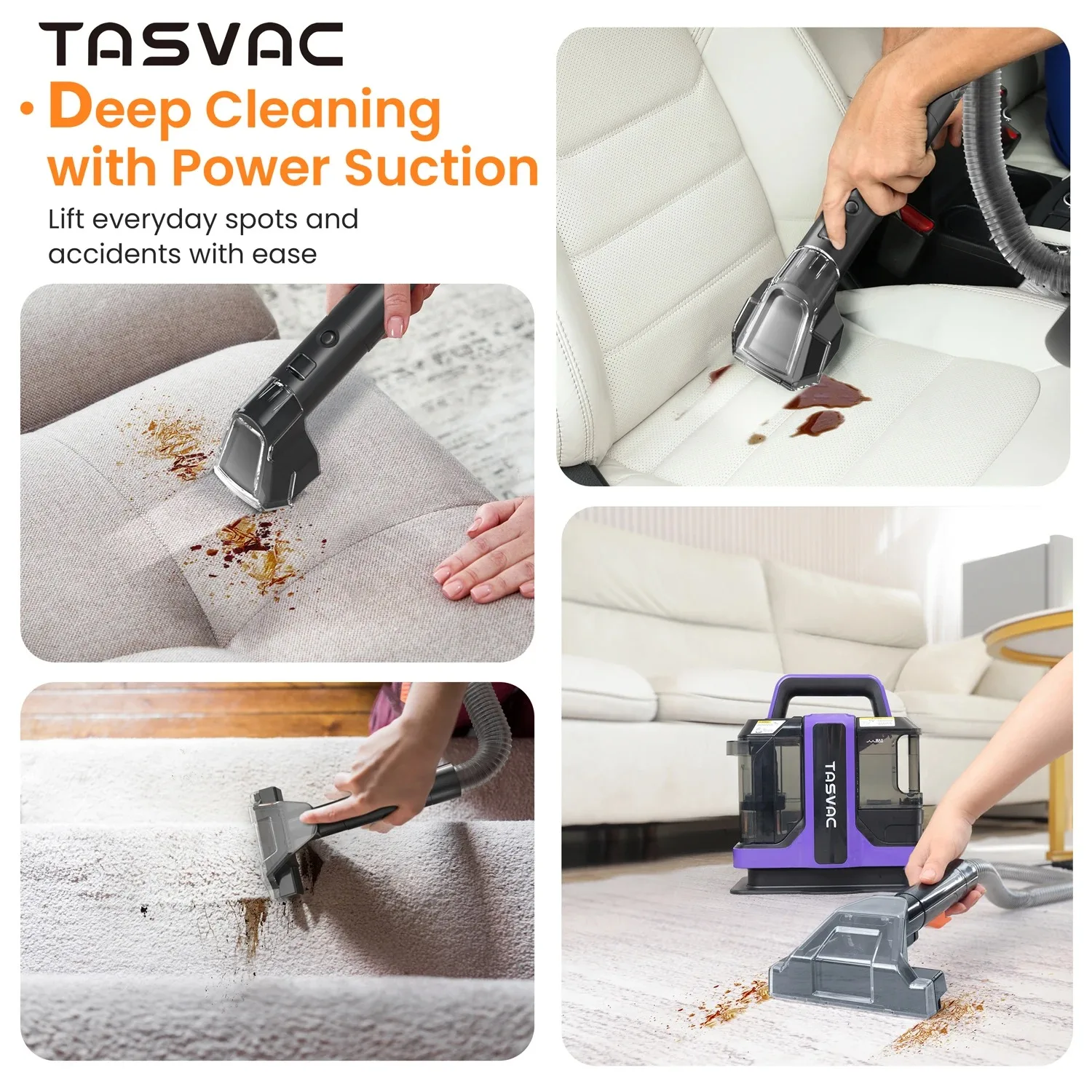 TASVAC C7 Portable Carpet Upholstery Cleaner Machine Spot Stain Deep Cleaner 450W motor Powerful Suction With Two-Brush for Pets