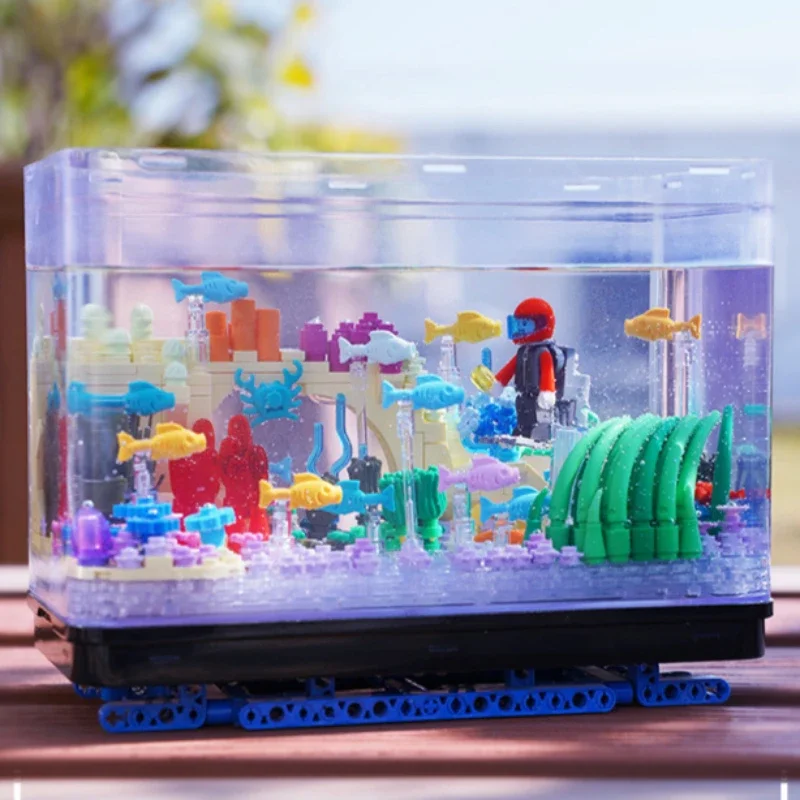 Maravilhosos blocos de construção de tanque de peixes de aquário mini pequenas partículas montadas podem ser preenchidas com água brinquedos para casa ornamentos presentes