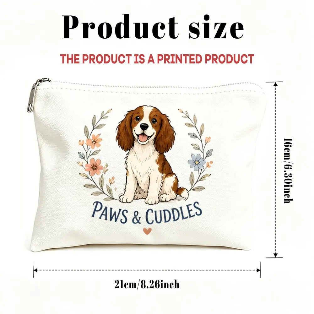 1pc Paws and Cuddles Dog Floral Makeup Bag Toiletry Pouch Women Travel Birthdays Gifts Zipper Closure Cosmetic Paws Print