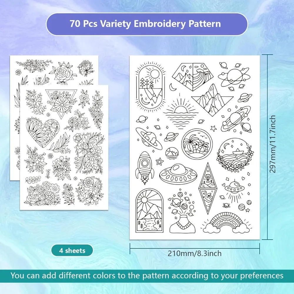 4 Sheets Flowers Pattern Water Soluble Hand Sewing Stabilizers Celestial Stick and Stitch Embroidery Designs Paper for Fabric