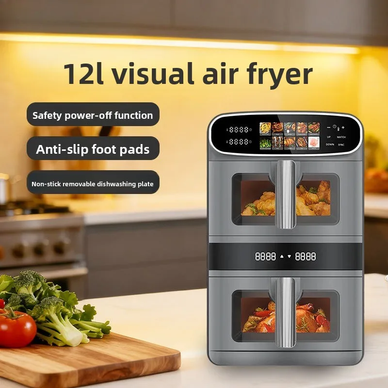 12L multi-functional large-capacity household smart air fryer, double compartment touch screen oven visual air fryer
