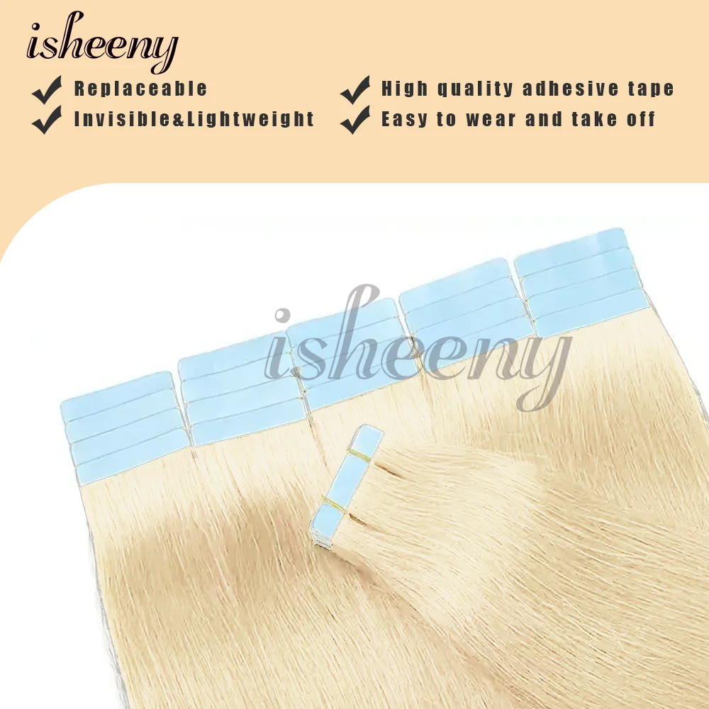 Isheeny شريط غير مرئي أشقر فاتح في وصلات شعر بشرية شعر طبيعي مستقيم سهل الارتداء للمرأة 12 بوصة 40 قطعة 60 جرام