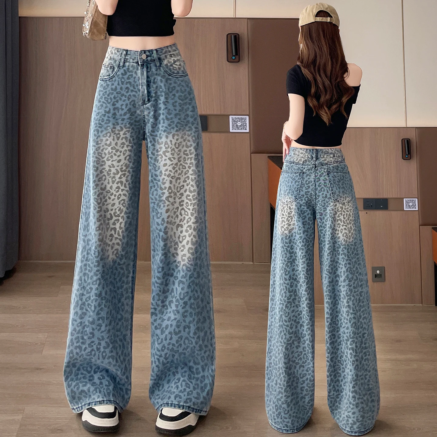 

Leopard print wide-leg jeans for women 2025 new summer thin style super hot drape loose hot girl straight pants