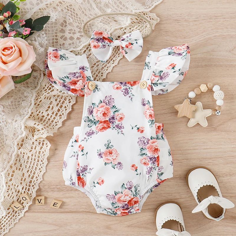 

Tregren 0-24M Infant Baby Girl Flying Sleeves Jumpsuit Floral Print Square Neck Romper with Bow Headband Summer Newborn Bodysuit