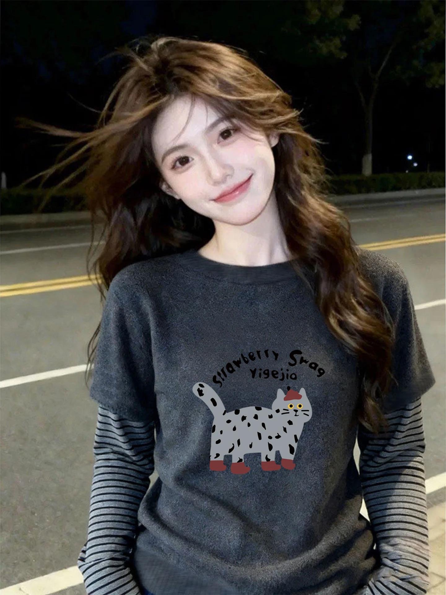

Loose Fit Striped Patchwork Long Sleeve T-Shirt Women's Korean Style Spring New Fashion Top Trendy Moisture Wicking round Neck