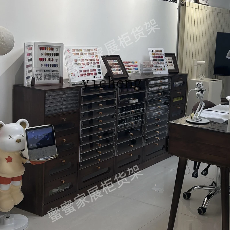 TQH Solid Wood Vintage Style Nail Art Display Cabinet Nail Polish Storage Cabinet  Gel Nail Salon Storage Cabinet
