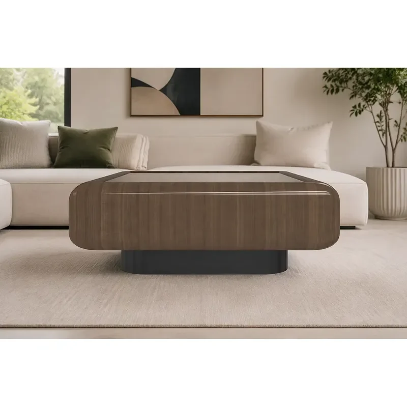 Modern Luxury Living Room Cocktail Table with Rounded Corners and Shiny Surface Gelee Wood Design