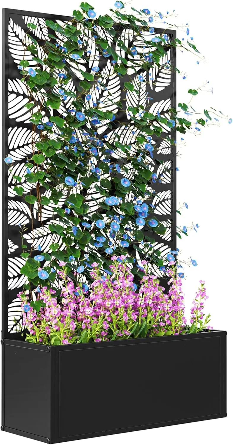 Metal Raised Garden Bed with Trellis for Climbing Plants, Freestanding or Wall Mounted Flower Bed with Privacy Panel, Small Leaves Cut-Outs Outdoor Planter Box for Garden, Patio, Balcony