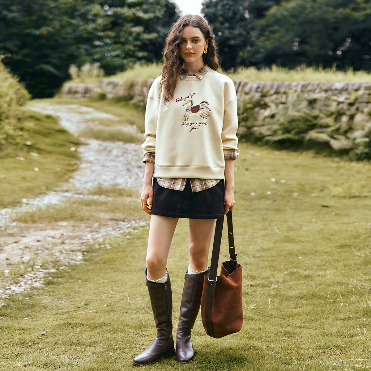 OLrain Women Sweatshirts Autumn 2025 New American Style Casual Loose Pullover Embroidered O-neck Knitted Tops Female O57QR001315