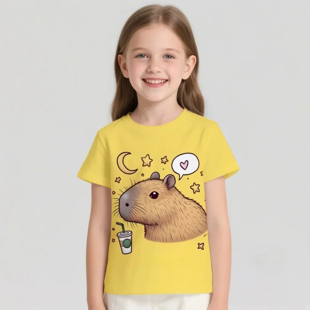 Capybara Girl T-Shirts Casual T-Shirts for Children Tops Tees Fashion Short Sleeve Girl Clothing Crew Neck Female Child Clothes