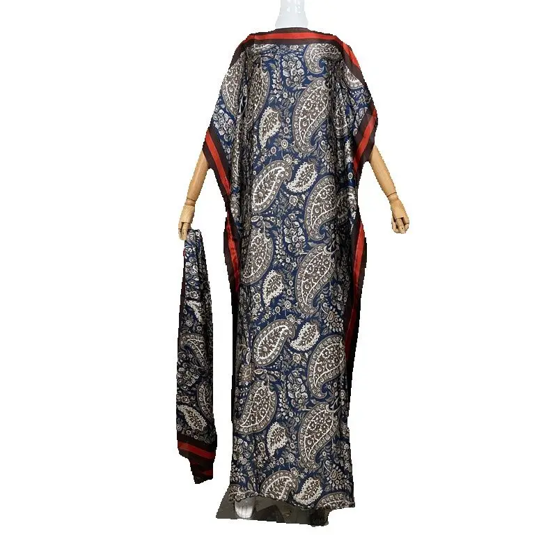 2023 African Women Bohemian Silk Printed Long Dress With Scarf Summer Promotion Muslim Lady Quality Robe Kaftan Dress