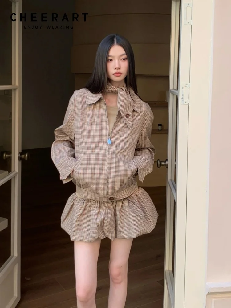 

CHEERART Autumn 2025 Plaid Jacket Woman Outerwears Vintage Designer Coat Zip Up Jacket Fall Clothes Woman 2025