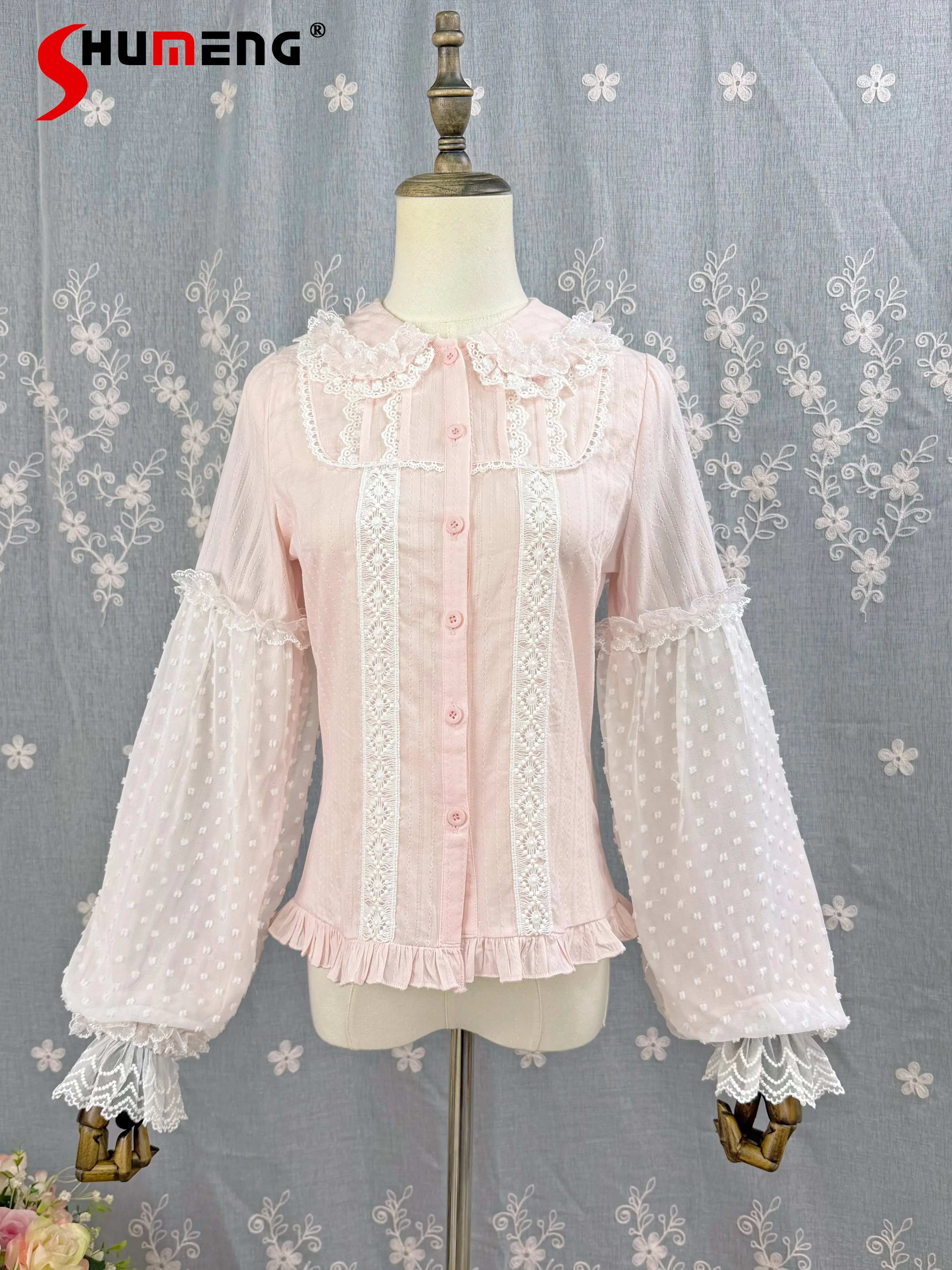 

Весенняя коллекция 2026: Оригинальная французская элегантная ретро-блузка с кружевным воротником-стойкой, рукавами-фонариками и однобортной застежкой, универсальная модель в стиле Лолита для женщин