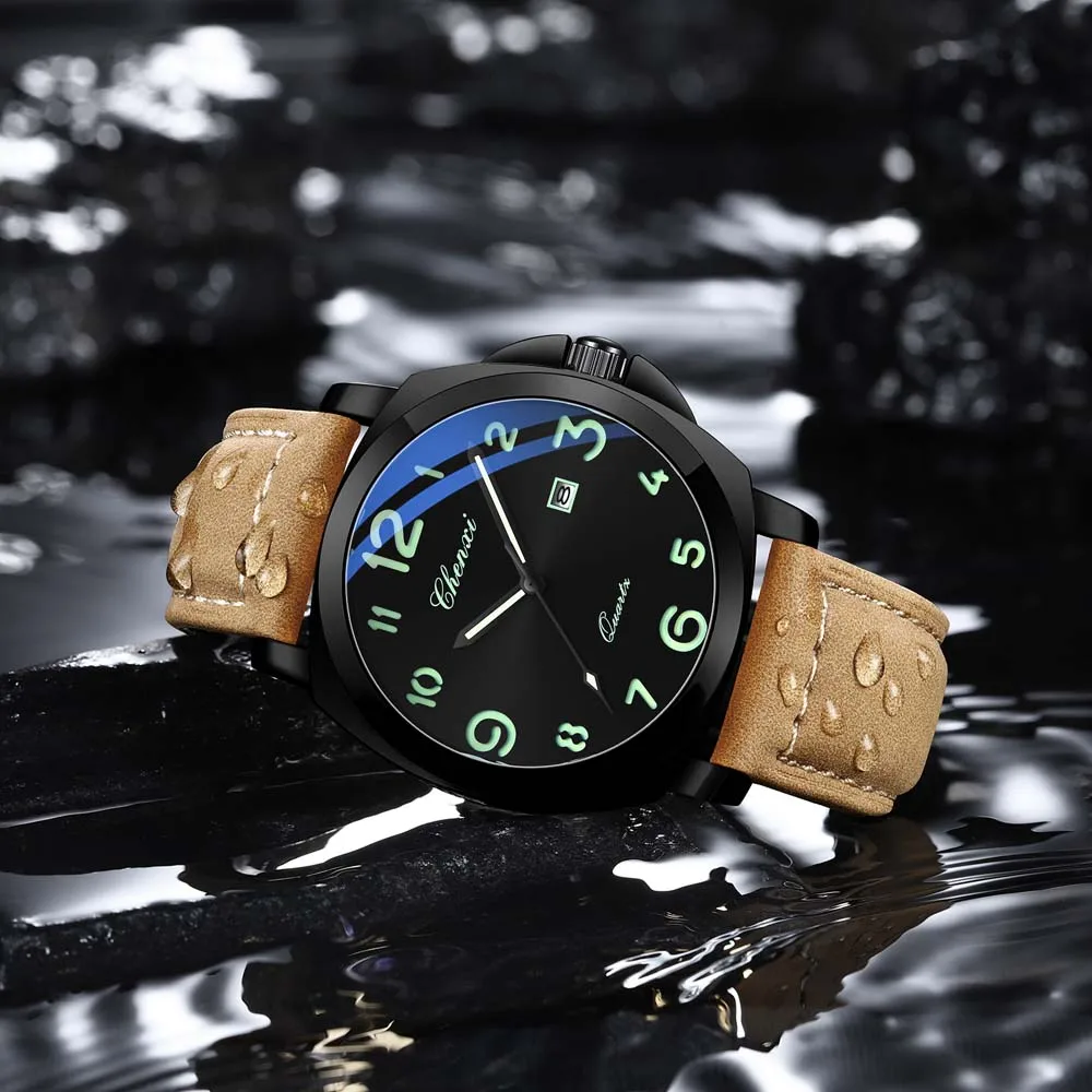 2025 고급 비즈니스 남성용 시계 가죽 밴드 큰 다이얼 남성용 쿼츠 시계 골드 방수 날짜 손목시계 남성용 선물 렐로지오