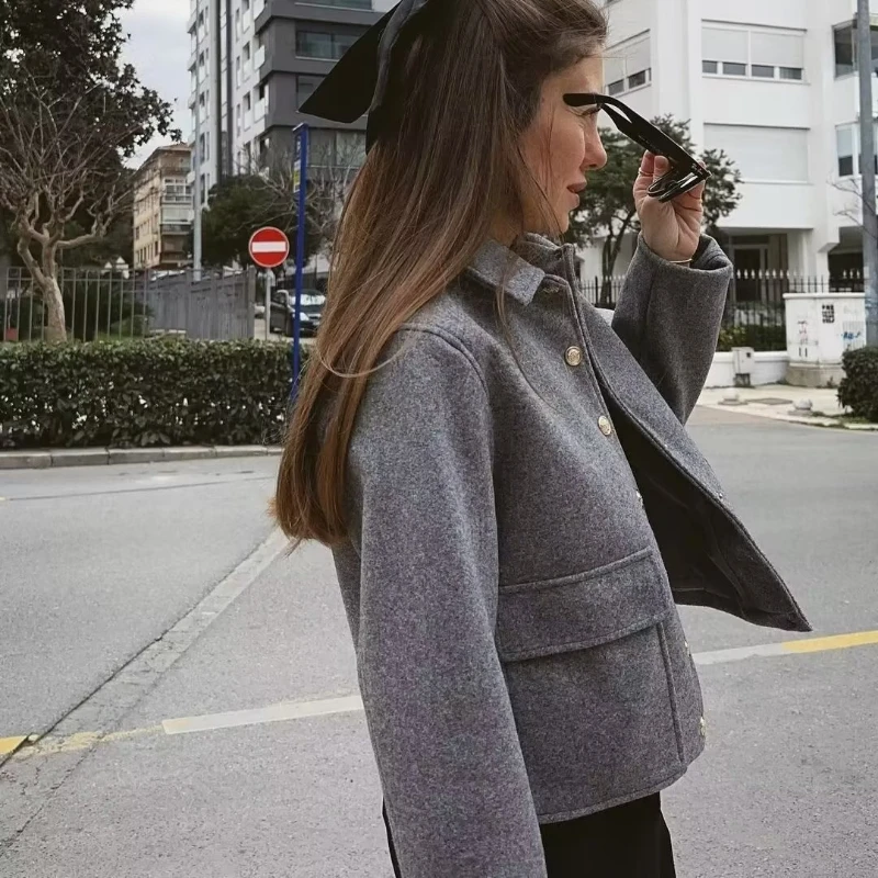 y2k Spring autumn Bomber jacket Women's Short coat clothes Lapel collar Long sleeves Large pockets Jacket