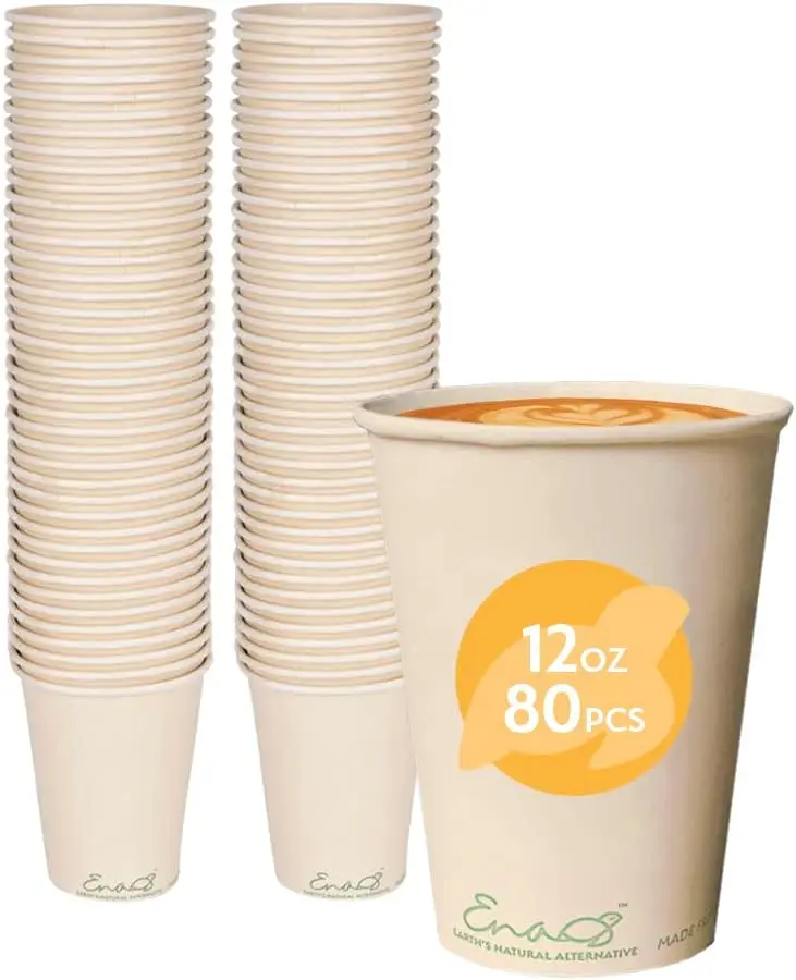 

100% Compostable Disposable Coffee Cups [12oz 80 Pack] Paper Cups Made from Bamboo, Eco-Friendly, Biodegradable Premium