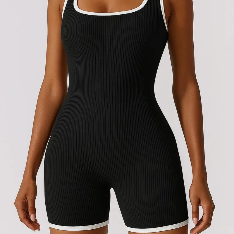 Color Block Bodysuit Women Sexy Fitness Yoga Outfit Slim Fit Breathable High Stretch One Piece Jumpsuit for Workout Gym Yoga Set