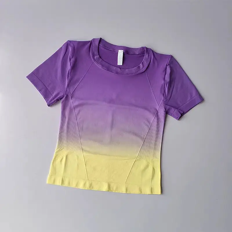 Camiseta de Yoga sin costuras para mujer, Top corto de manga corta, camisetas deportivas con gradiente para Fitness, ropa de entrenamiento y gimnasio para correr